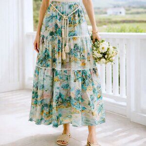 C&C California Linen Blend Coastal Tiered Tropical Print Skirt  Size Large